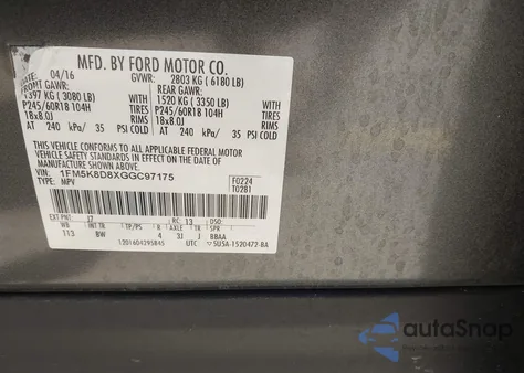 2016 Ford Explorer Xlt z USA, uszkodzony, nr VIN 1FM5K8D8XGGC97175